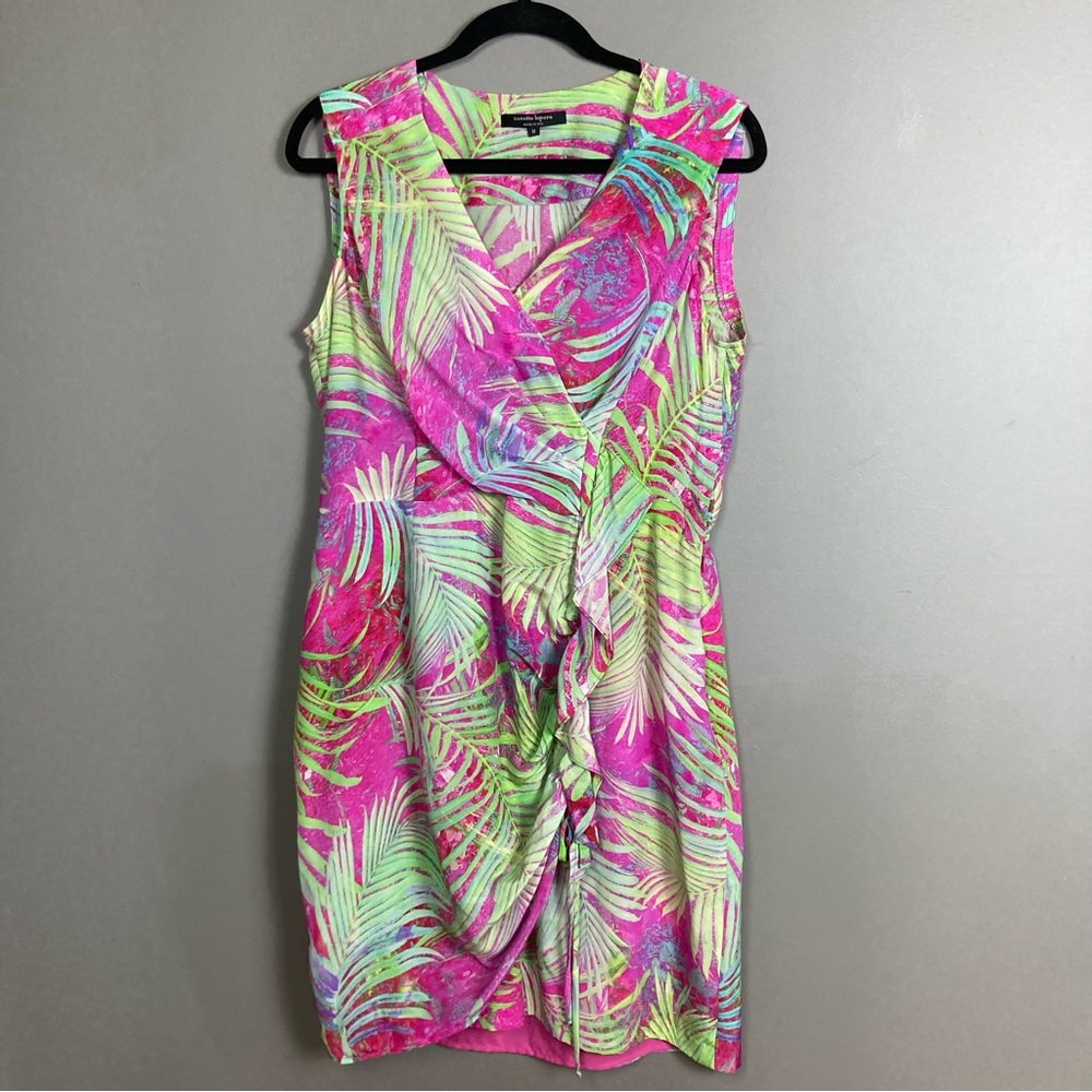 Nanette Lepore Silk Tropical Dress Sleeveless Pink Fern Print Faux Wrap Size 12 View 3